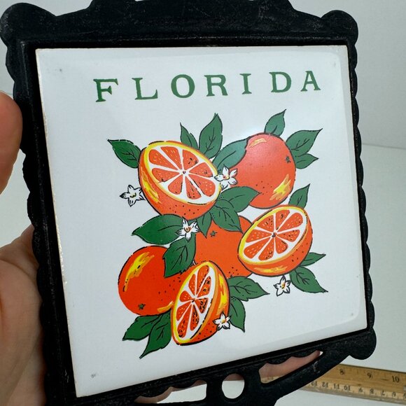 Vtg Florida Oranges White Ceramic Tile Cast Iron Trivet Tabletop Hanging Handle - Picture 8 of 12
